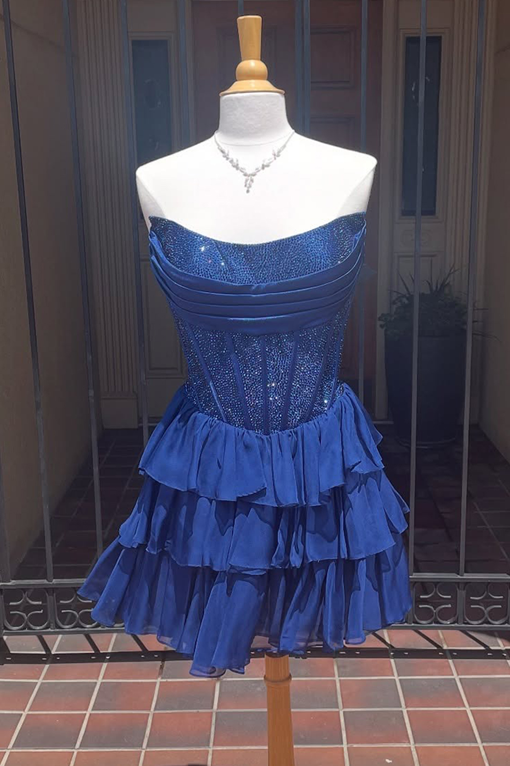 Sparkly Navy Short Corset Homecoming Dress with Ruffles Beaded A Line Strapless Tiered Hoco Dress