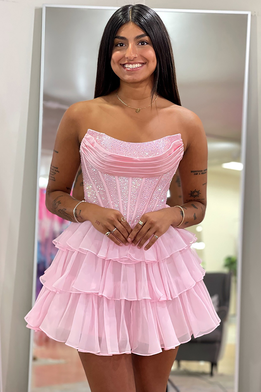 Sparkly Pink Short Corset Homecoming Dress with Ruffles Beaded A Line Strapless Tiered Hoco Dress