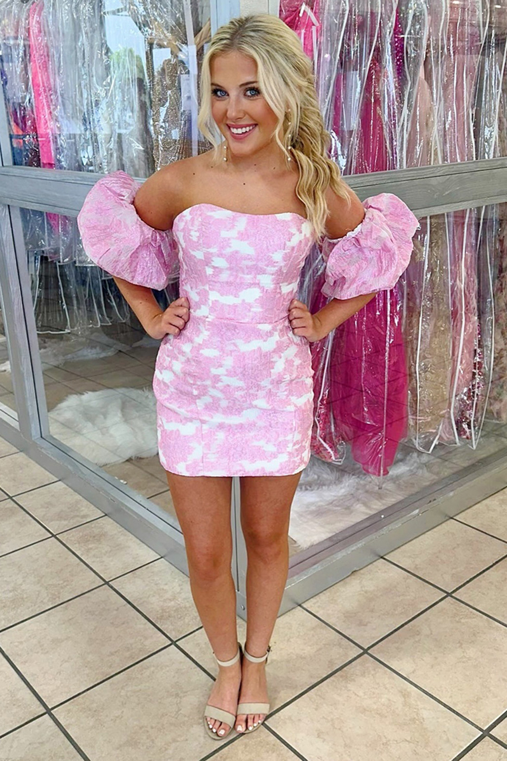 Light Blue Bodycon Strapless Short Homecoming Dress with Puff Sleeves