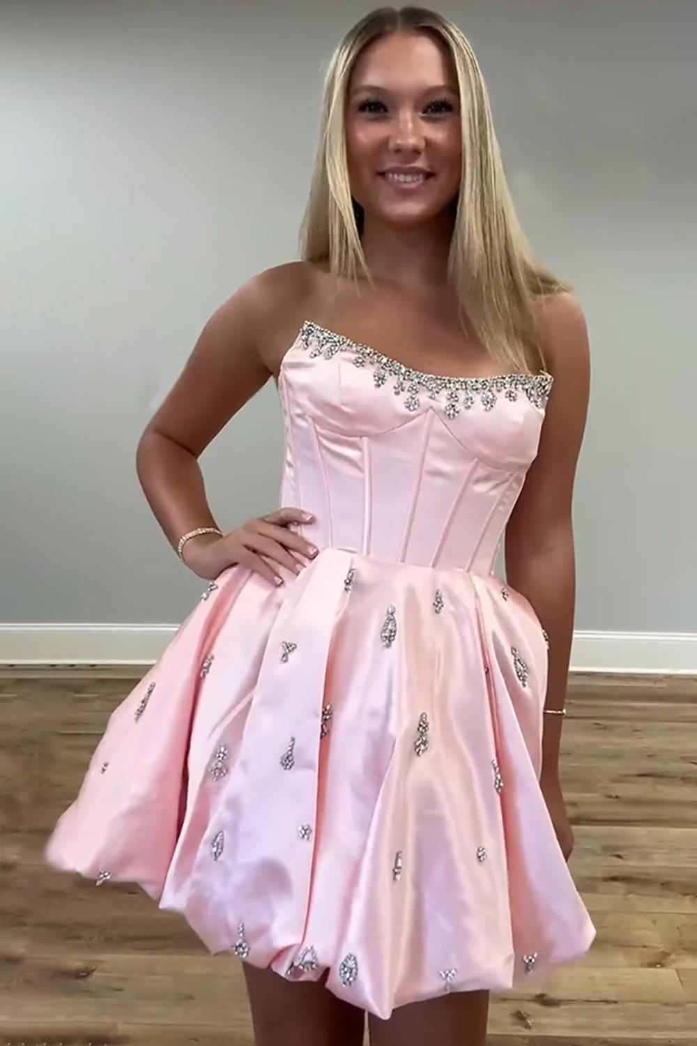 Cute Pink Satin A Line Short Corset Homecoming Dress with Rhinestones