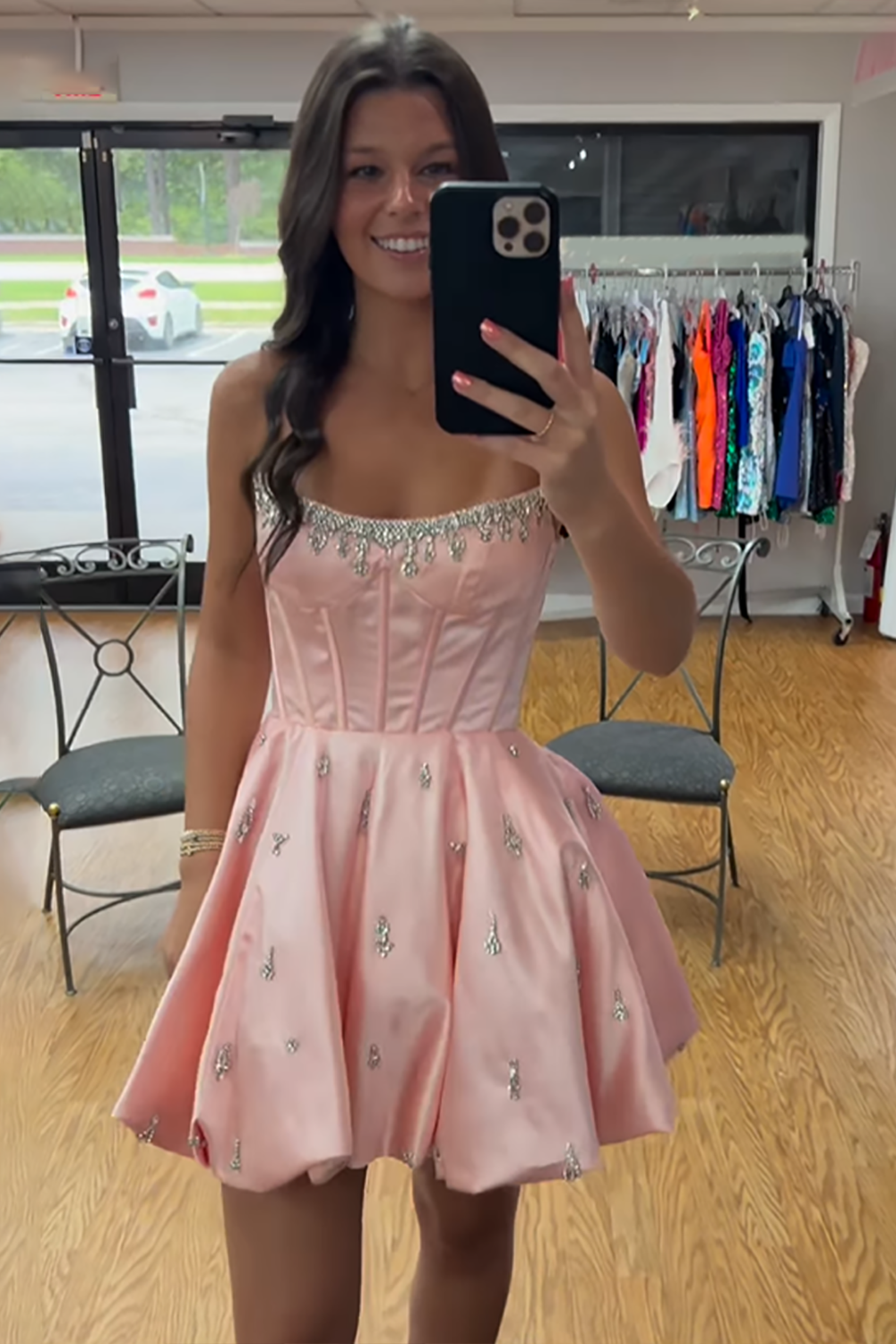 Sparkly Black Satin Strapless Short Corset Homecoming Dress with Rhinestones