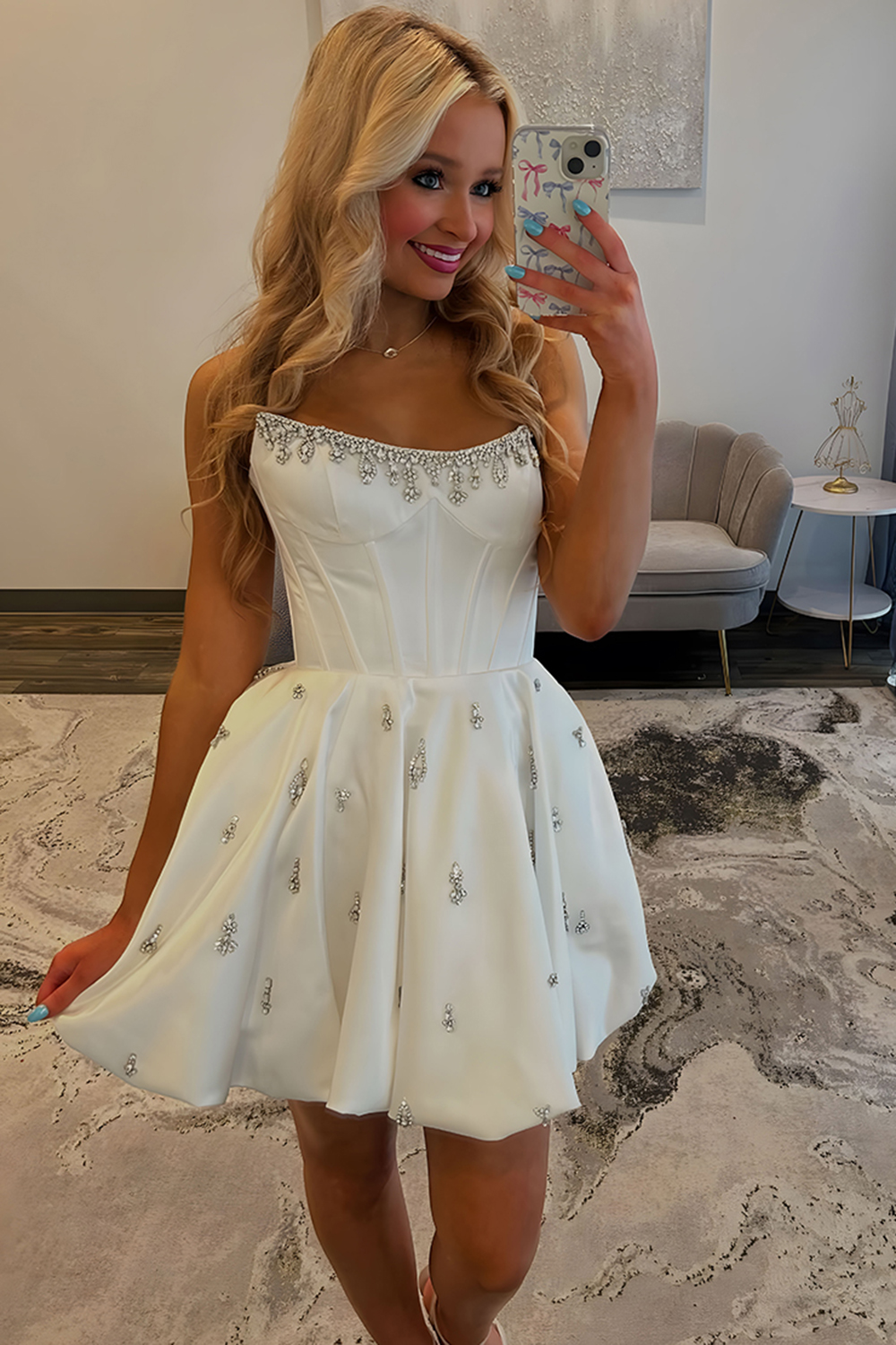 Cute White A Line Satin Short Corset Homecoming Dress with Beading