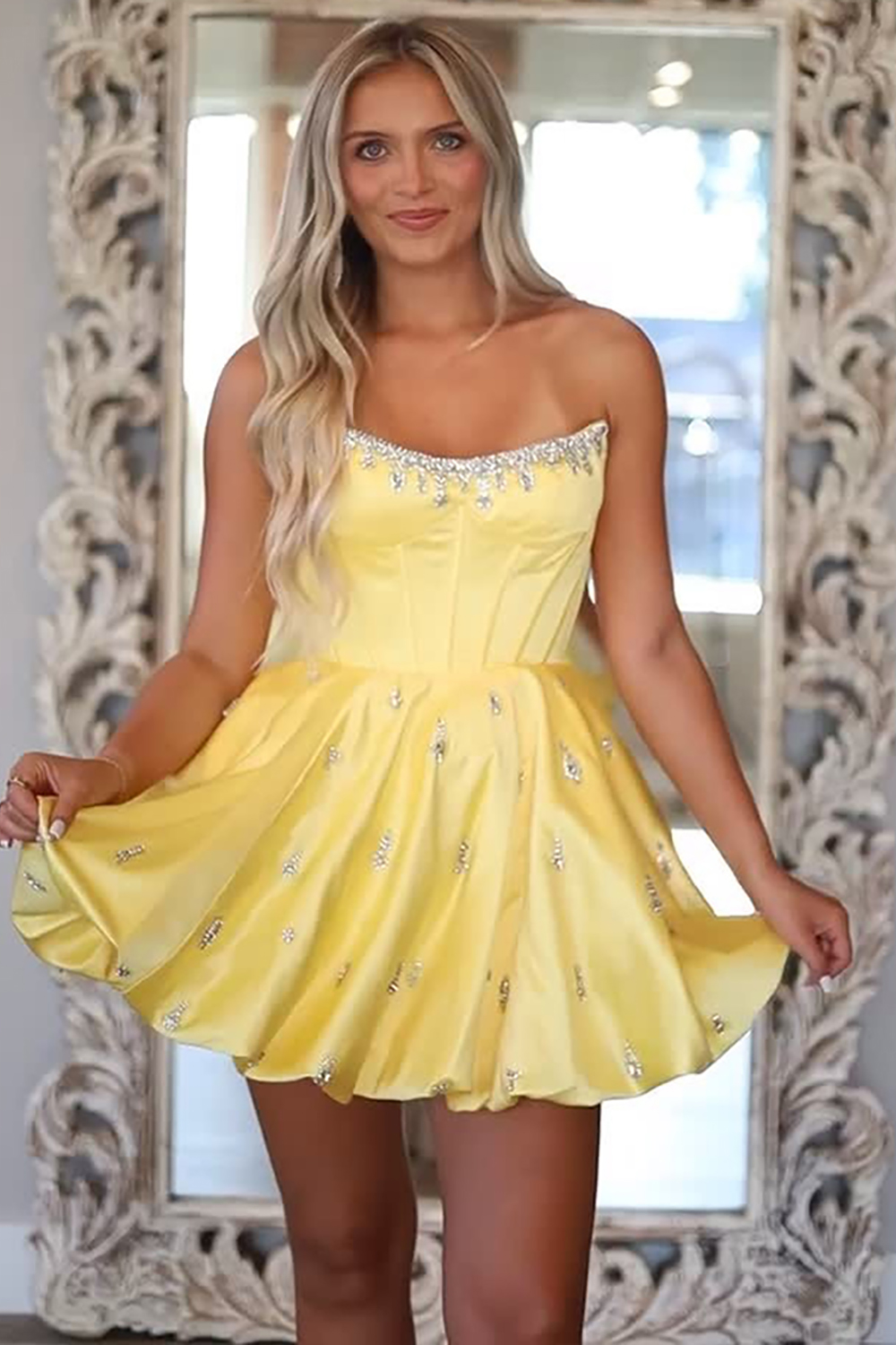 Cute Yellow A Line Satin Short Corset Homecoming Dress with Beading