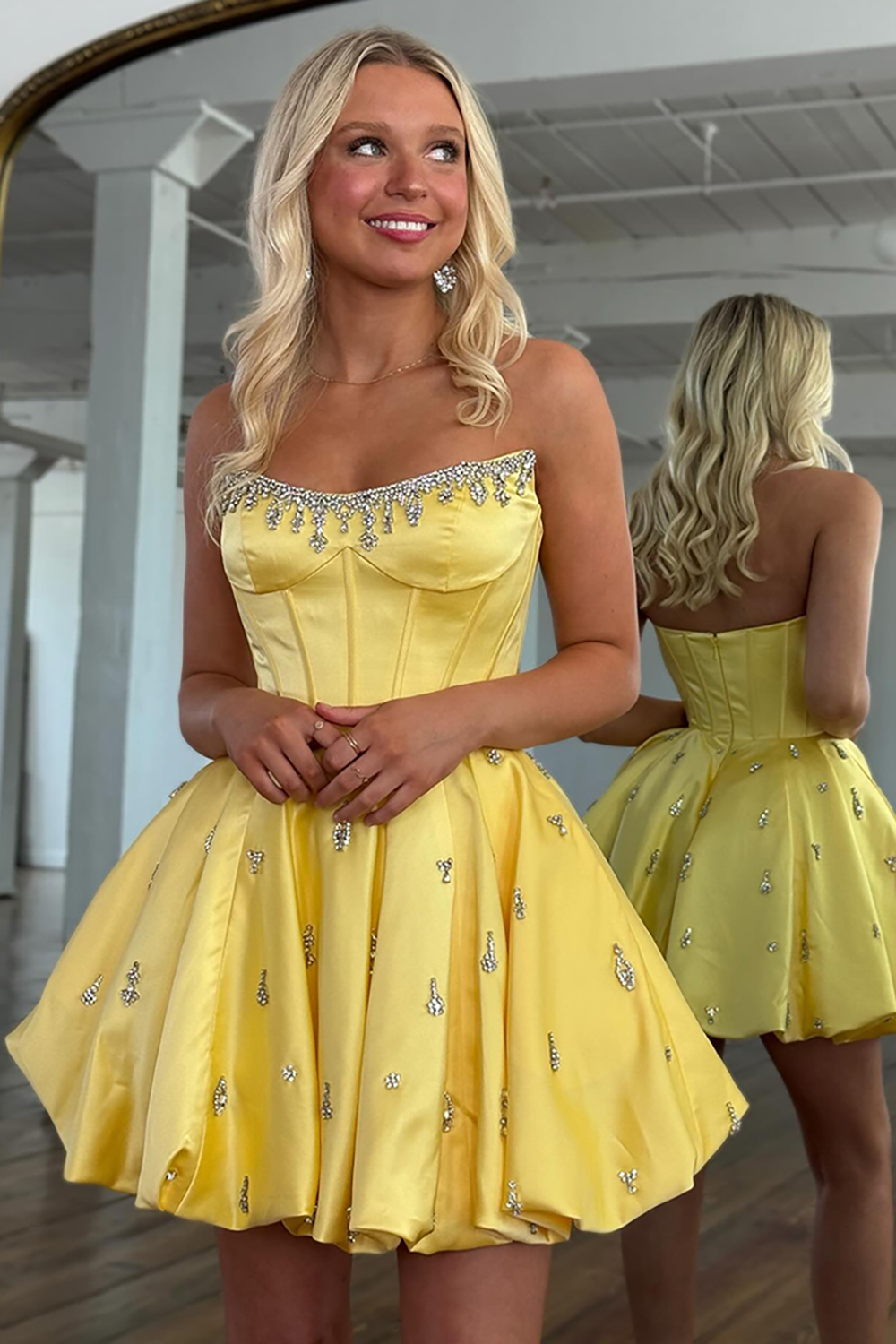 Cute Yellow A Line Satin Short Corset Homecoming Dress with Beading