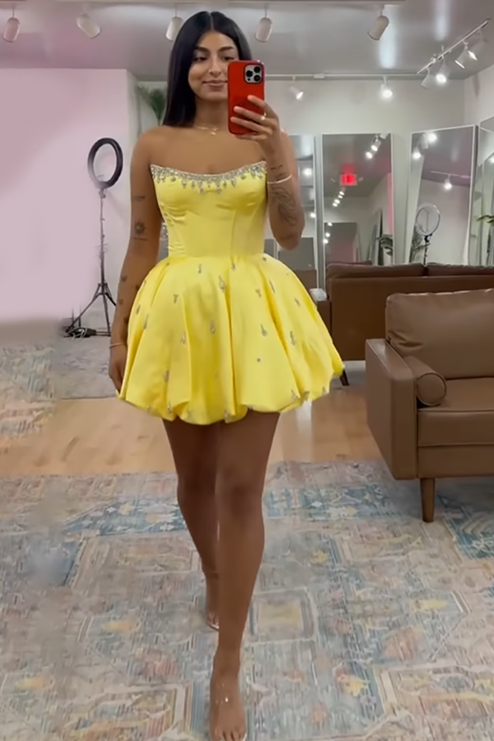 Sparkly Black Satin Strapless Short Corset Homecoming Dress with Rhinestones