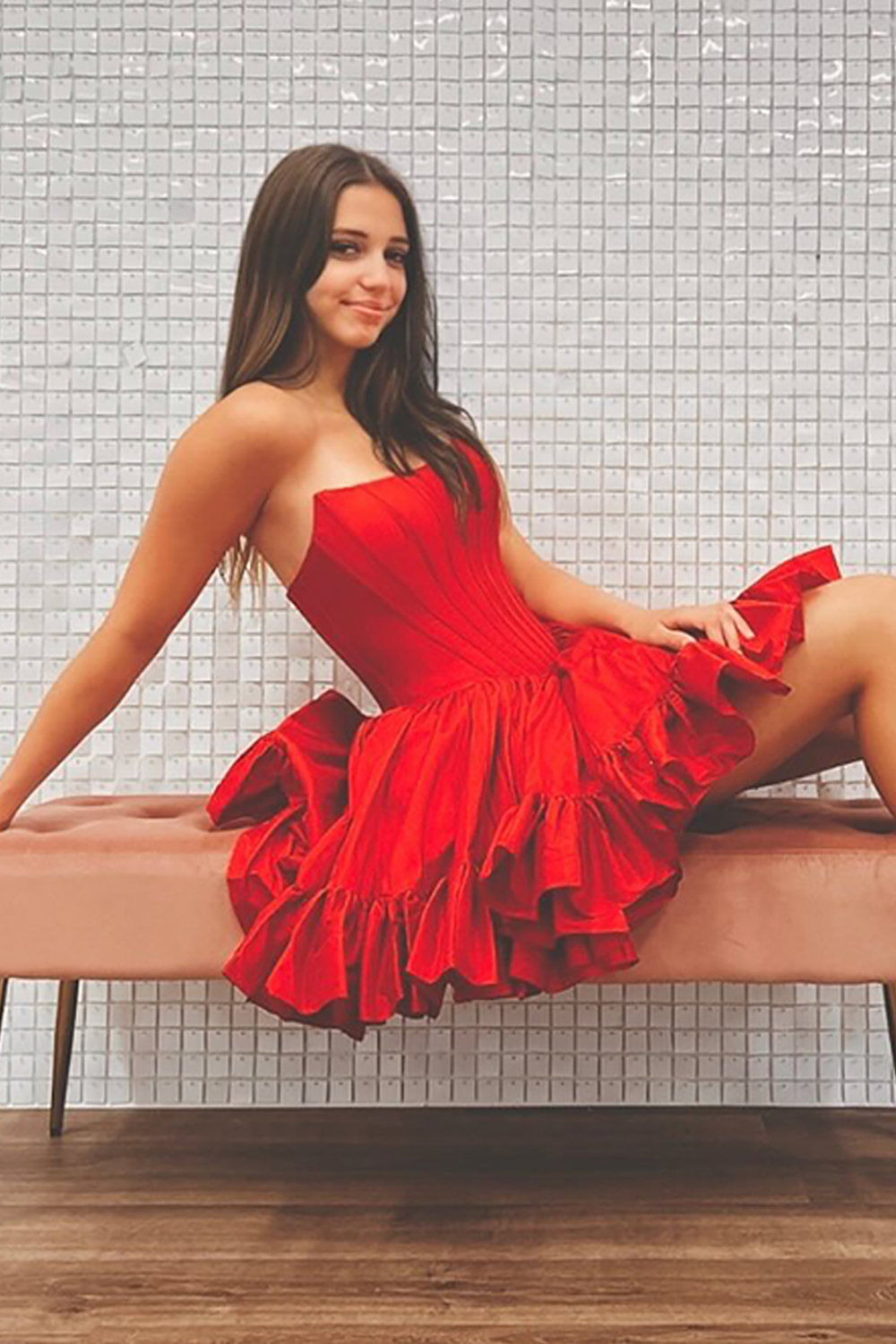 Emerald Green Satin A Line Short Corset Homecoming Dress with Ruffles