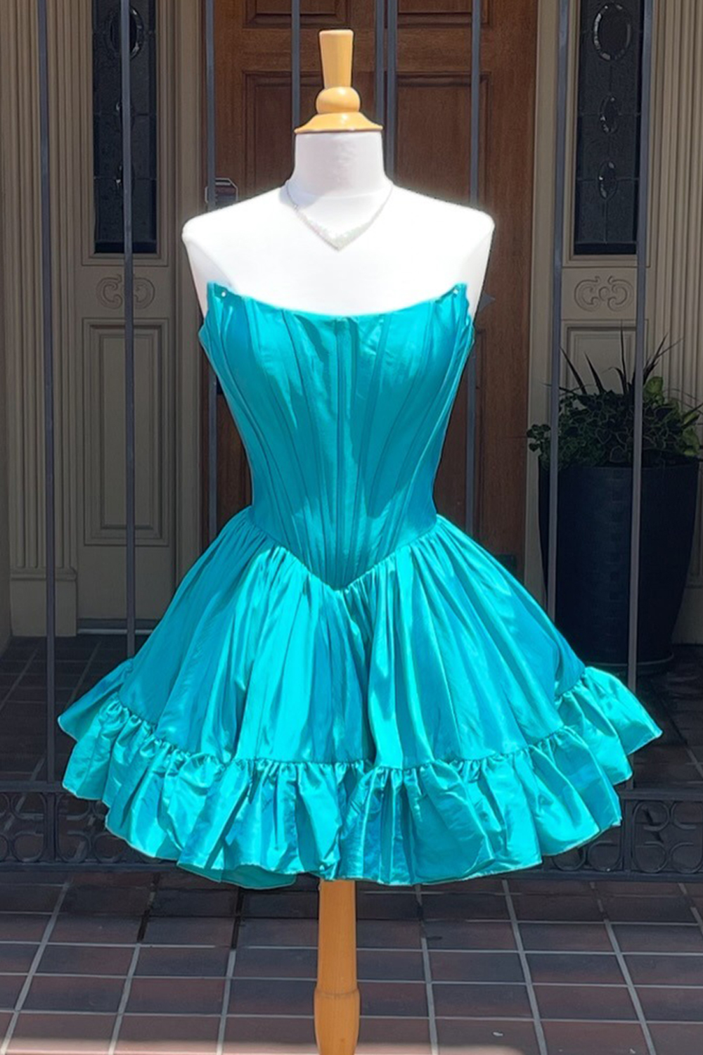 Turquoise Satin Corset A Line Short Homecoming Dress with Ruffles