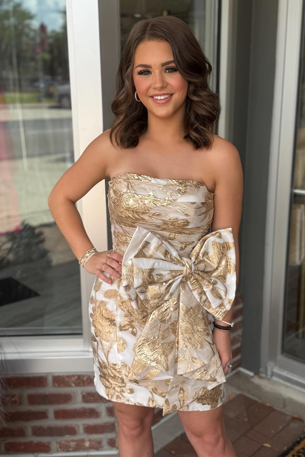 Gold Strapless Ruched Tight Short Homecoming Dress with Bow