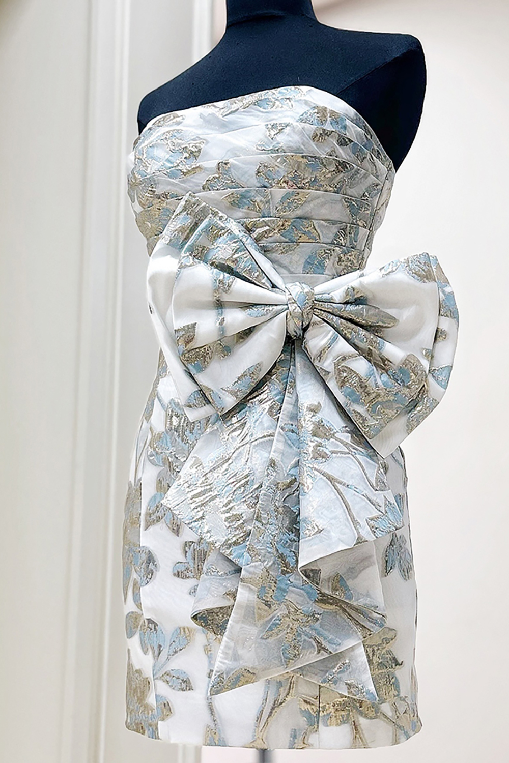 Gold Strapless Ruched Bodycon Short Homecoming Dress with Bow