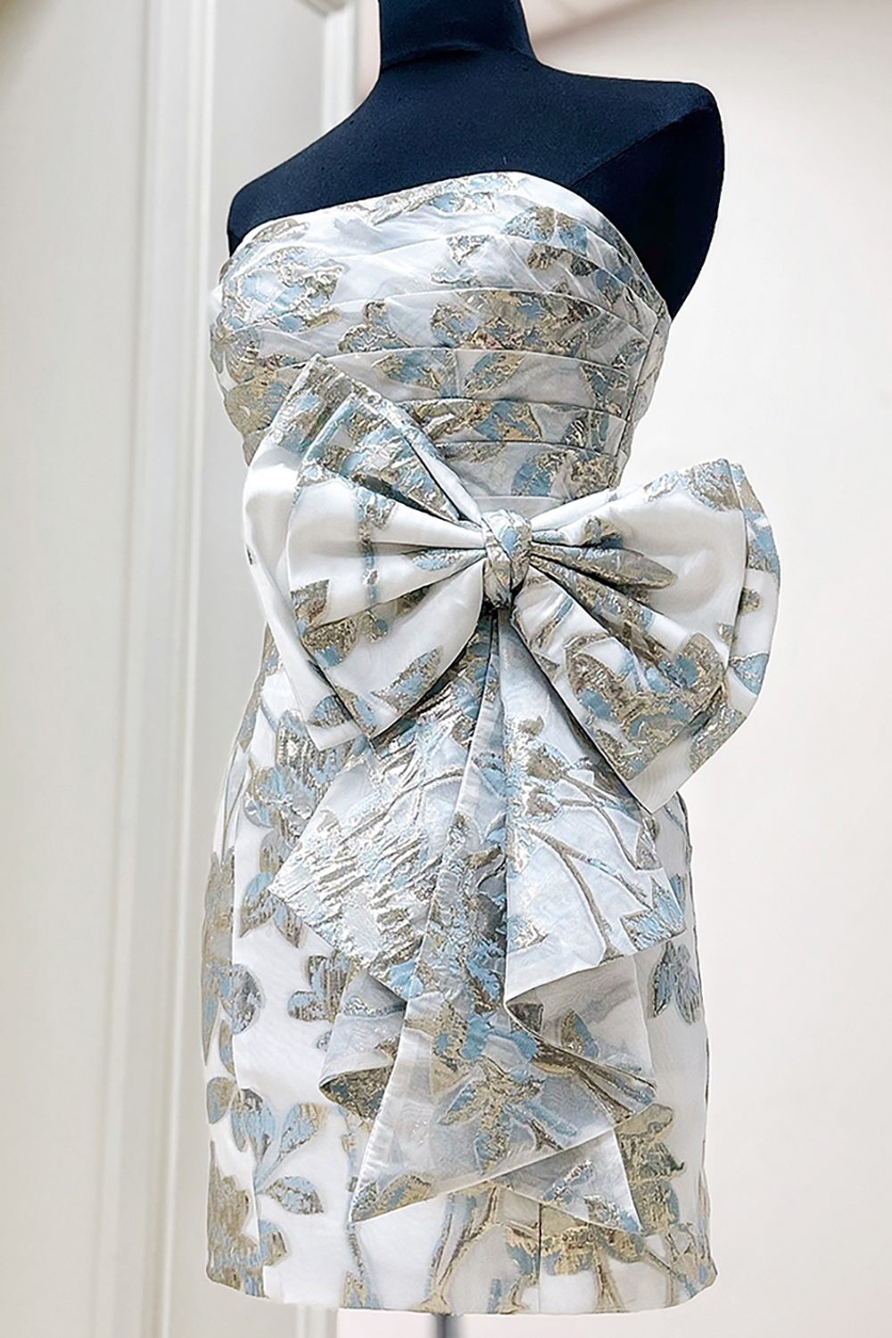 Gold Strapless Ruched Bodycon Short Homecoming Dress with Bow