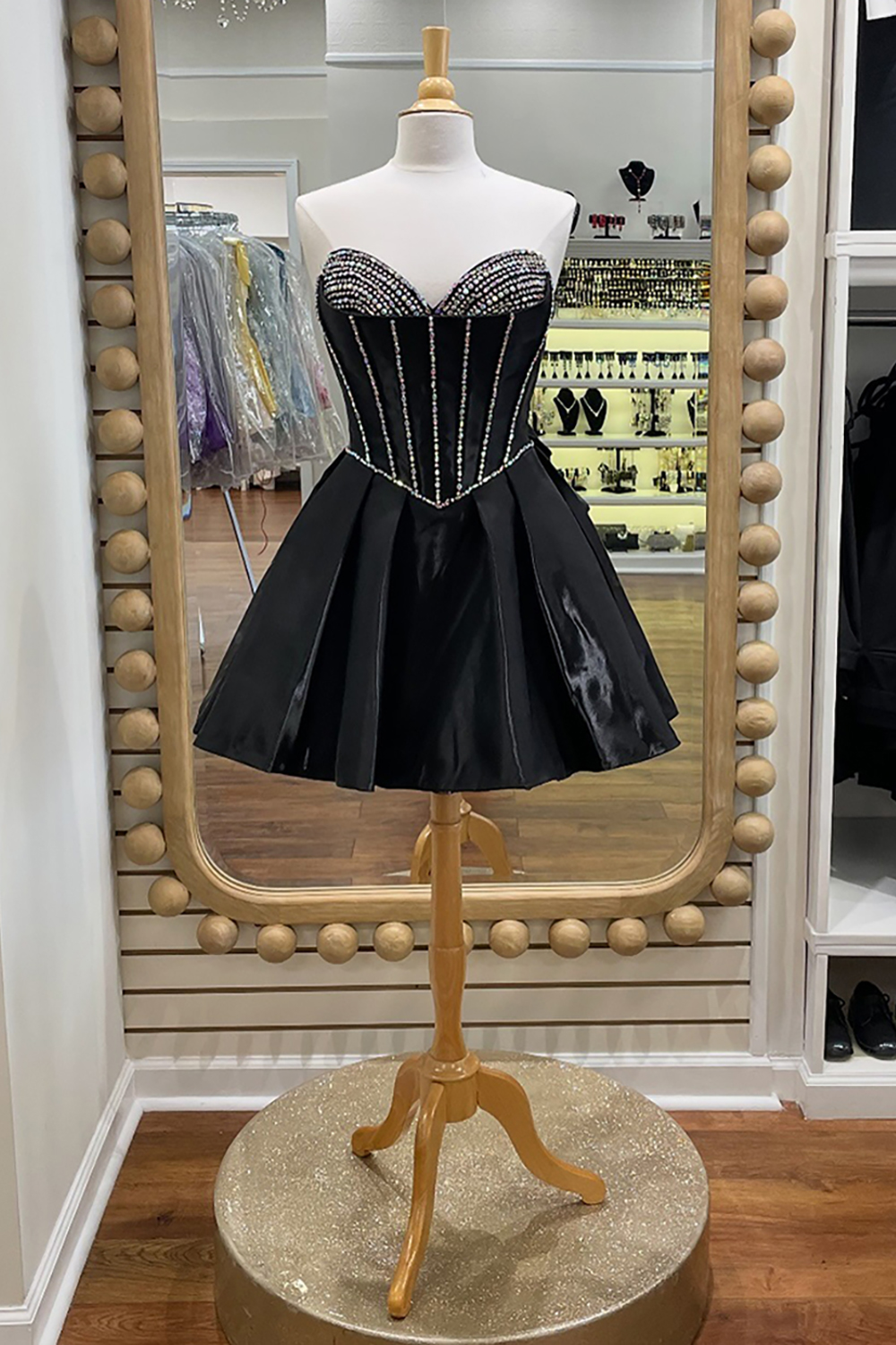 Sparkly Black Corset A Line Beaded Short Satin Homecoming Dress with Bow