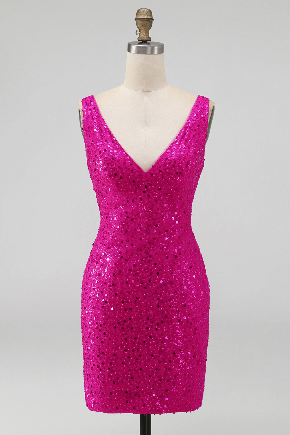 Sparkly Fuchsia Tight V Neck Short Pearls Homecoming Dress with Beading