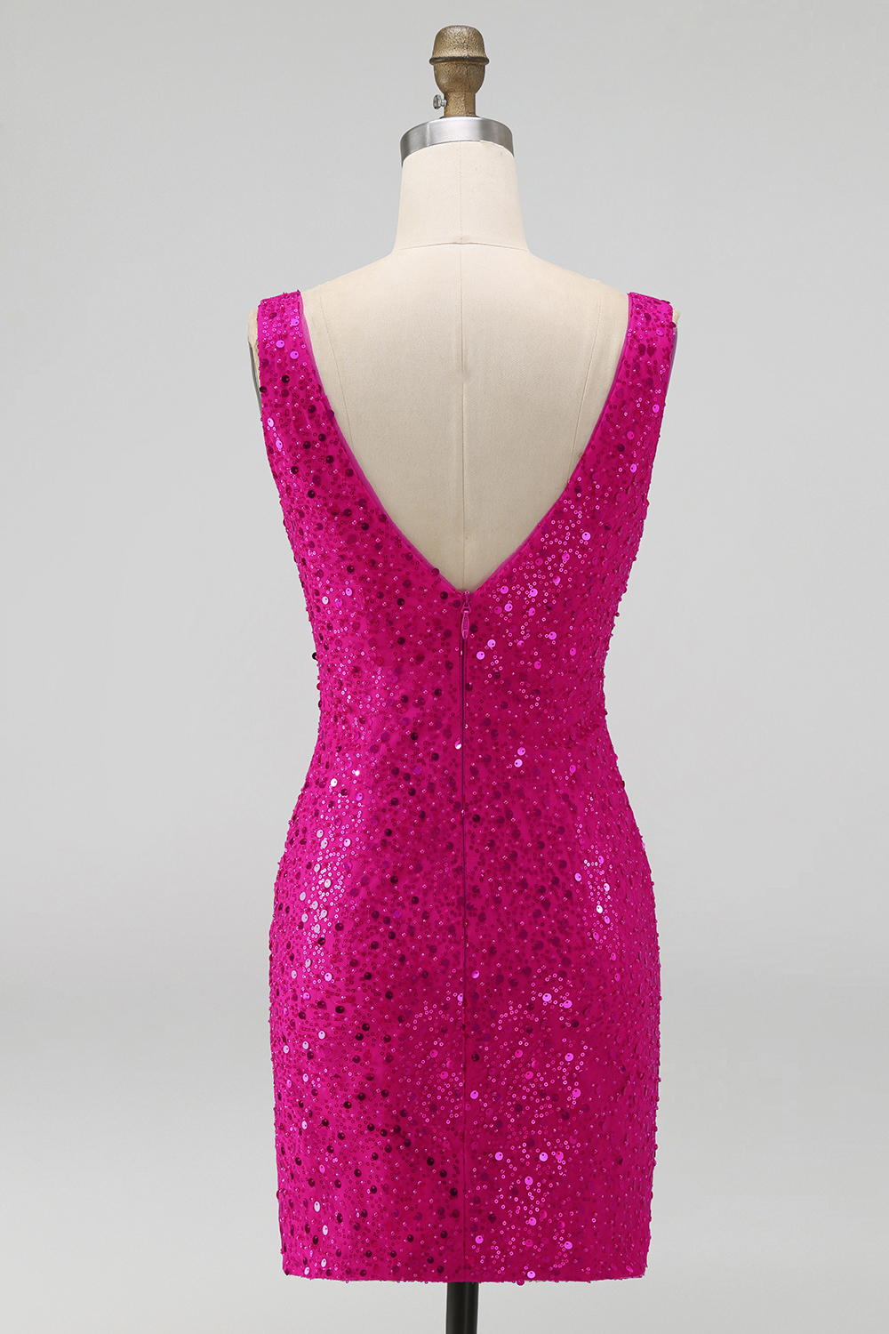 Sparkly Fuchsia Tight V Neck Short Pearls Homecoming Dress with Beading