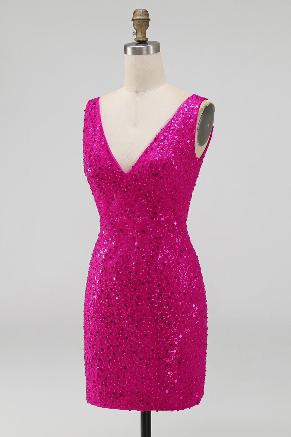 Sparkly Fuchsia Tight V Neck Short Pearls Homecoming Dress with Beading