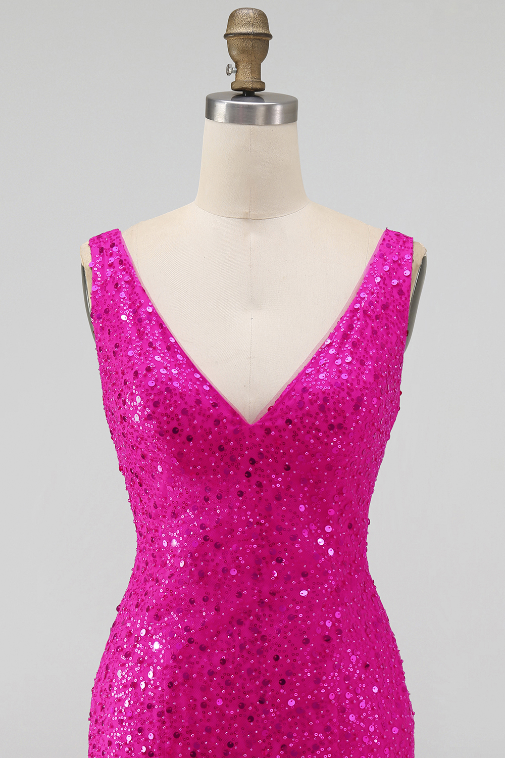 Sparkly Fuchsia Tight V Neck Short Pearls Homecoming Dress with Beading
