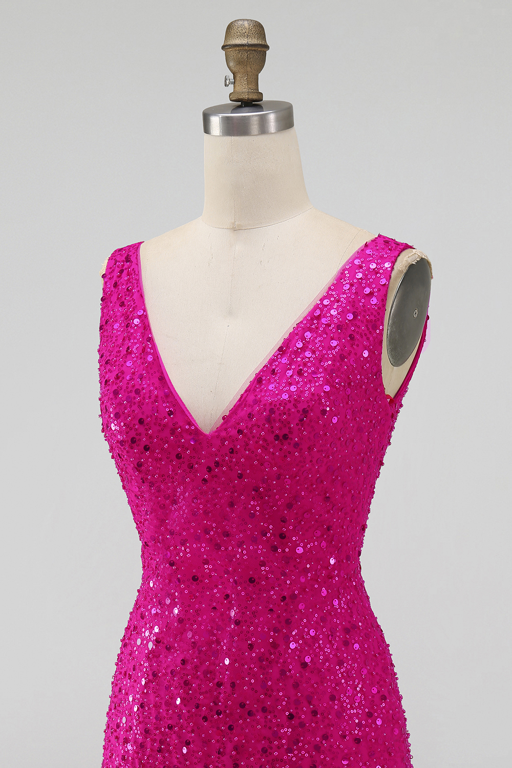 Sparkly Fuchsia Tight V Neck Short Pearls Homecoming Dress with Beading