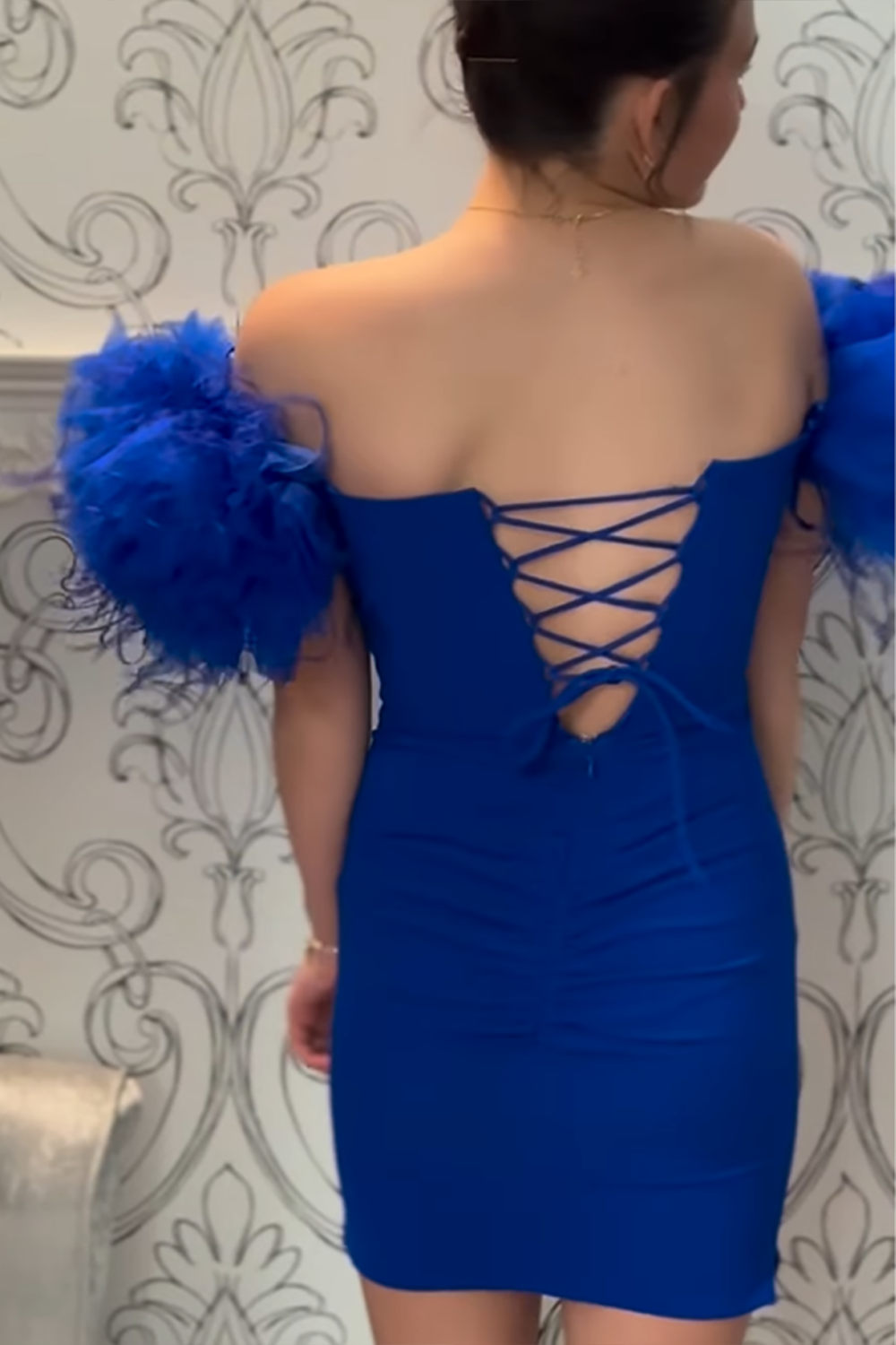 Royal Blue Off the Shoulder Tight Short Homecoming Dress with Feathers