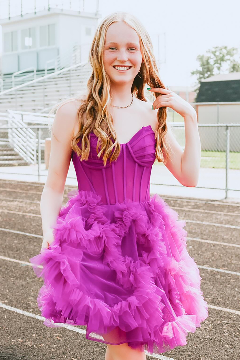 Fuchsia Sweetheart Short Corset Homecoming Dress with Ruffles