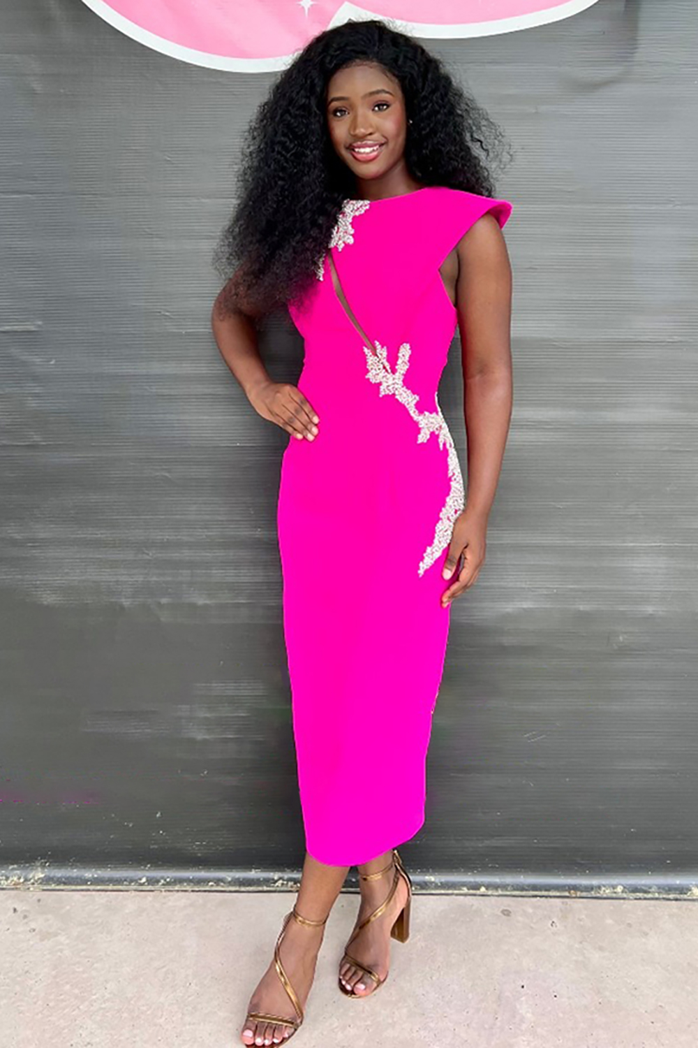 Sparkly Fuchsia Satin Keyhole Long Formal Dress with Beading