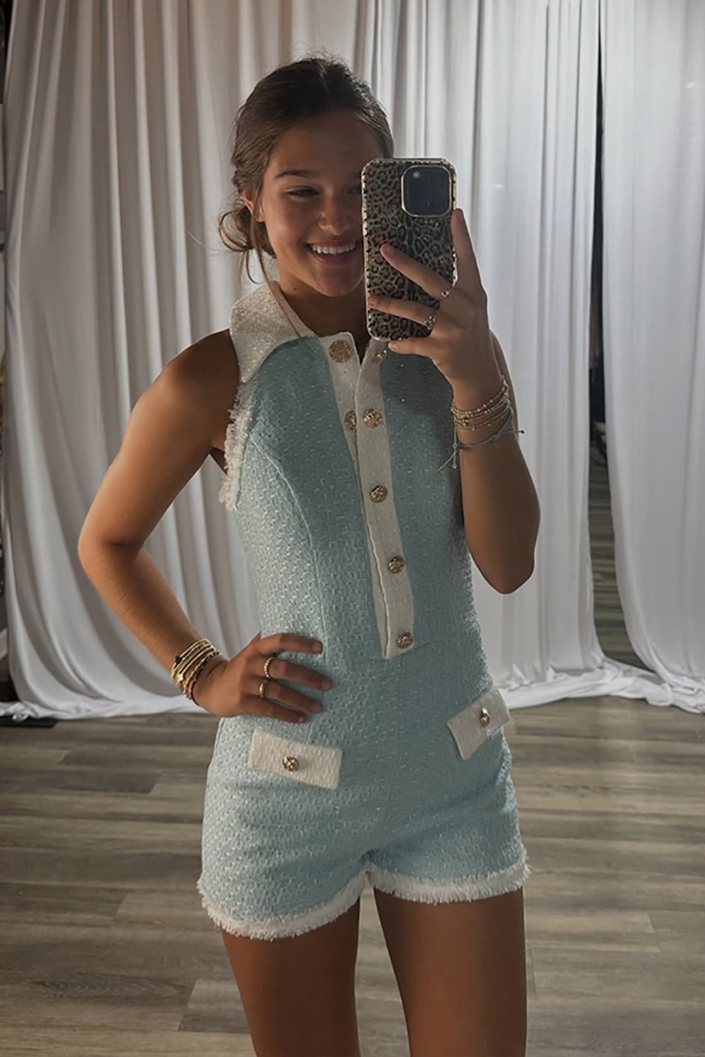 Light Blue Tight Button Short Tweed Homecoming Jumpsuits
