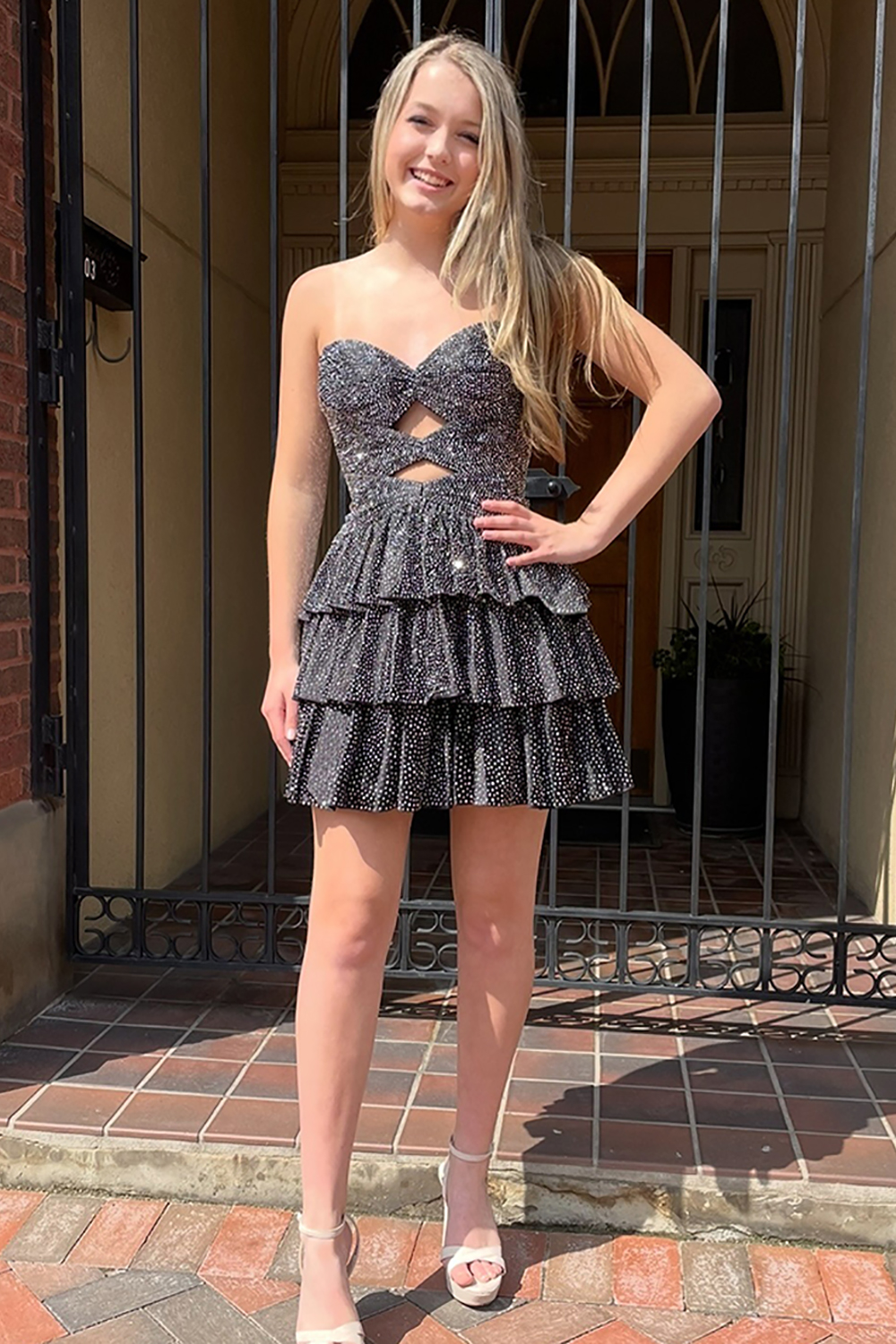 Sparkly Black Beaded Short Satin Homecoming Dress with Ruffles A Line Cut Out Tiered Strapless Cut Out Lace Up Back Cocktail Dress