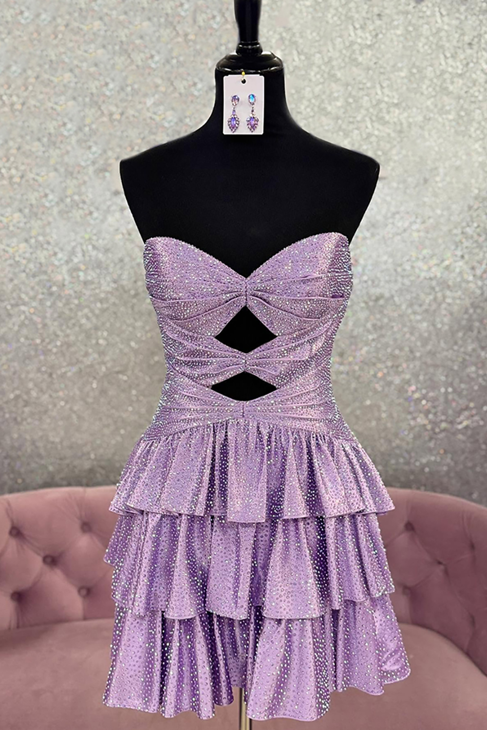 Sparkly Royal Blue Satin Cut Out A Line Tiered Short Homecoming Dress with Beading