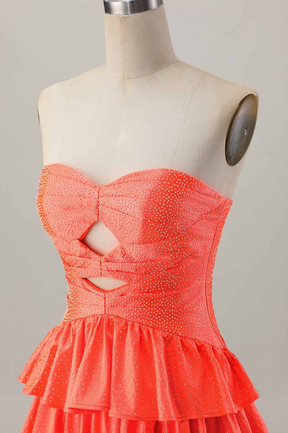 Sparkly Orange Cut Out A Line Tiered Short Satin Homecoming Dress with Beading