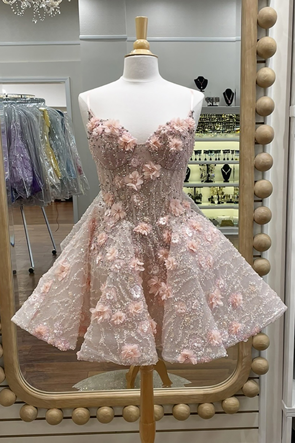 Sparkly Pink Floral Sequins Corset A Line Short Homecoming Dress