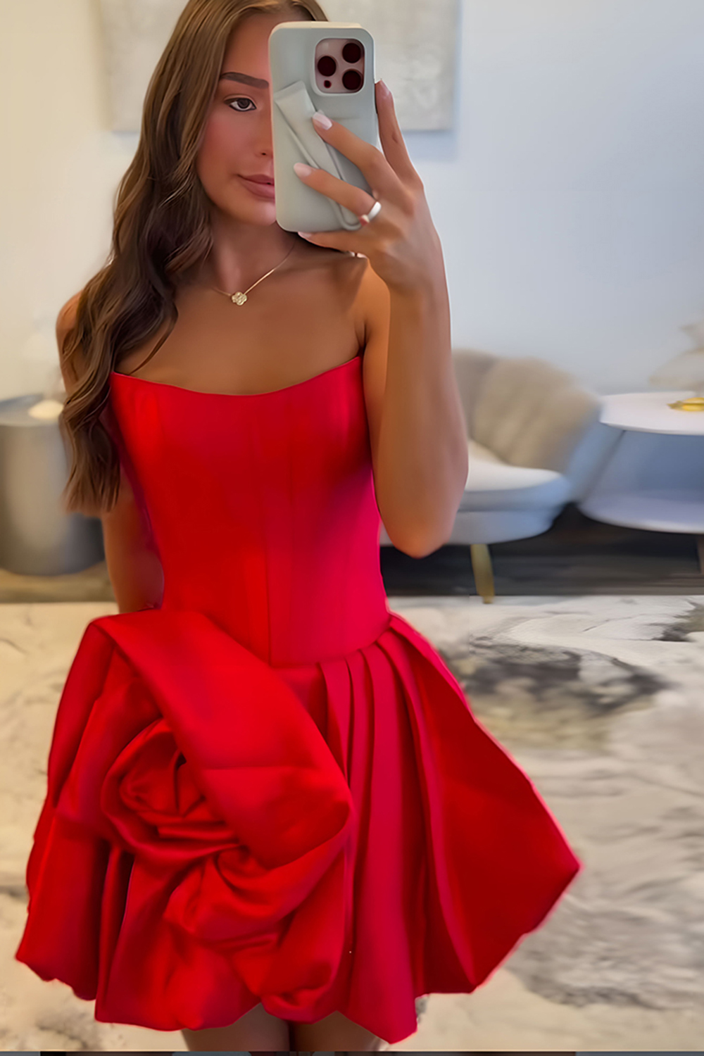 Floral Red Corset A Line Strapless Short Satin Homecoming Dress