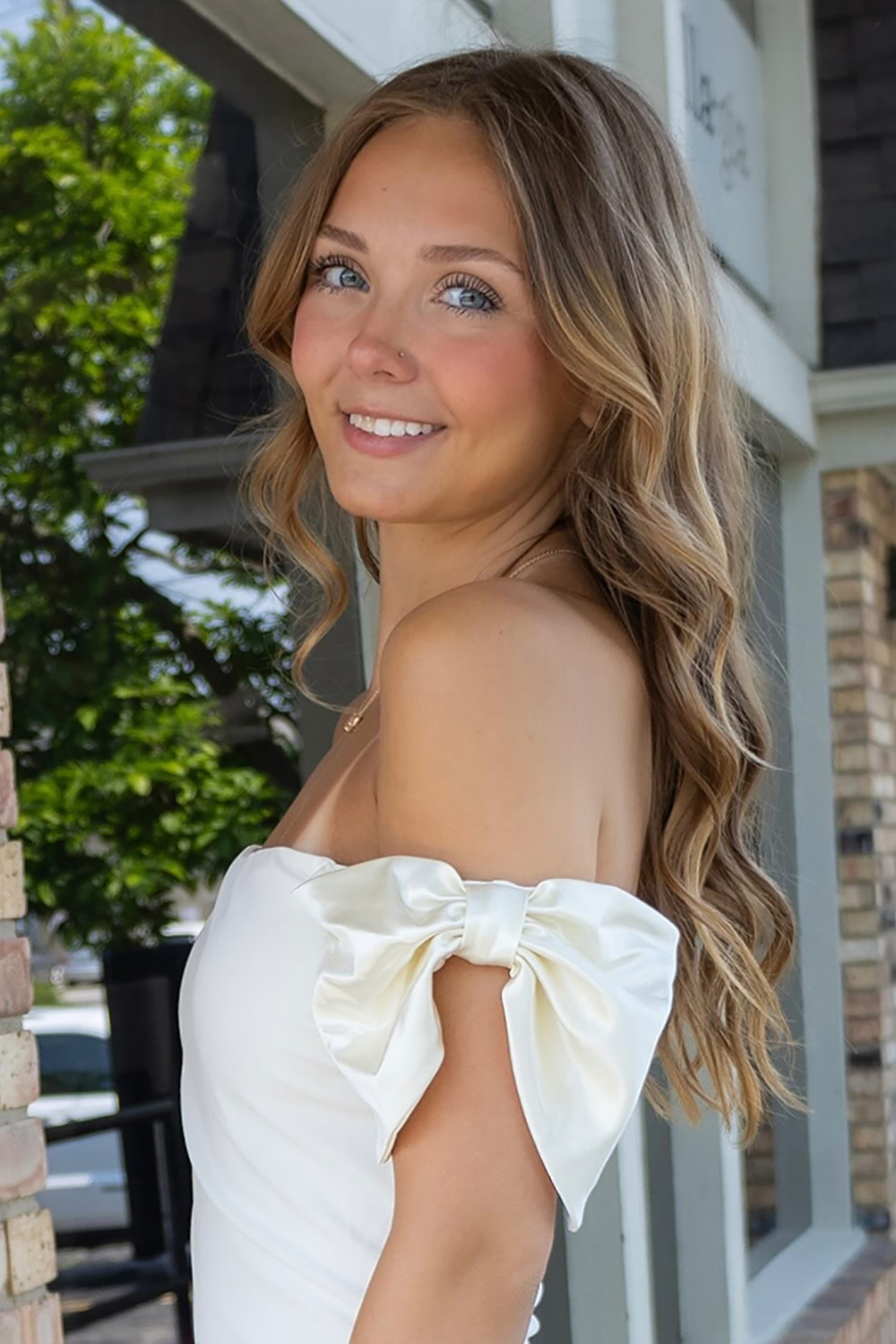 White Off The Shoulder Short Tight Homecoming Dress with Bow