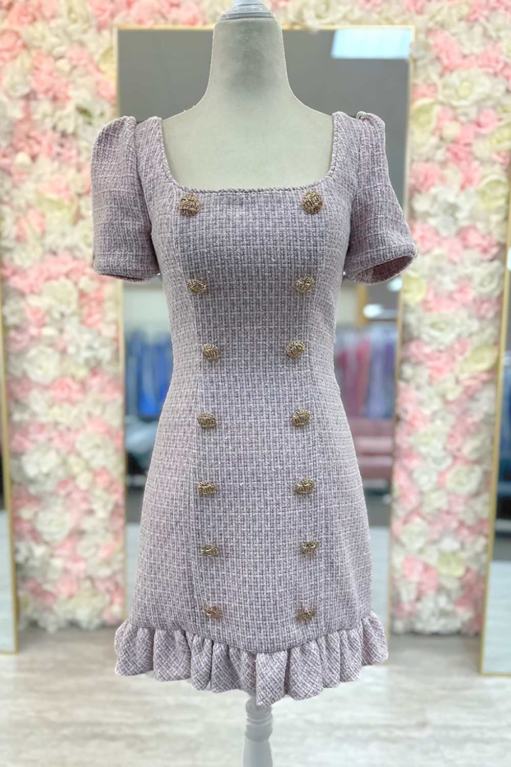 Pink Double Breasted Short Tweed Homecoming Dress with Ruffles