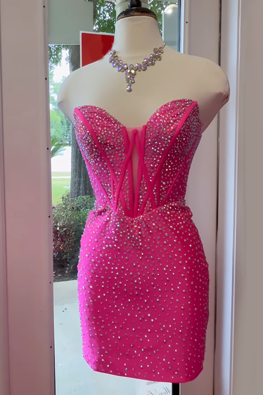 Sparkly Fuchsia Sweetheart Corset Short Tight Homecoming Dress with Beading