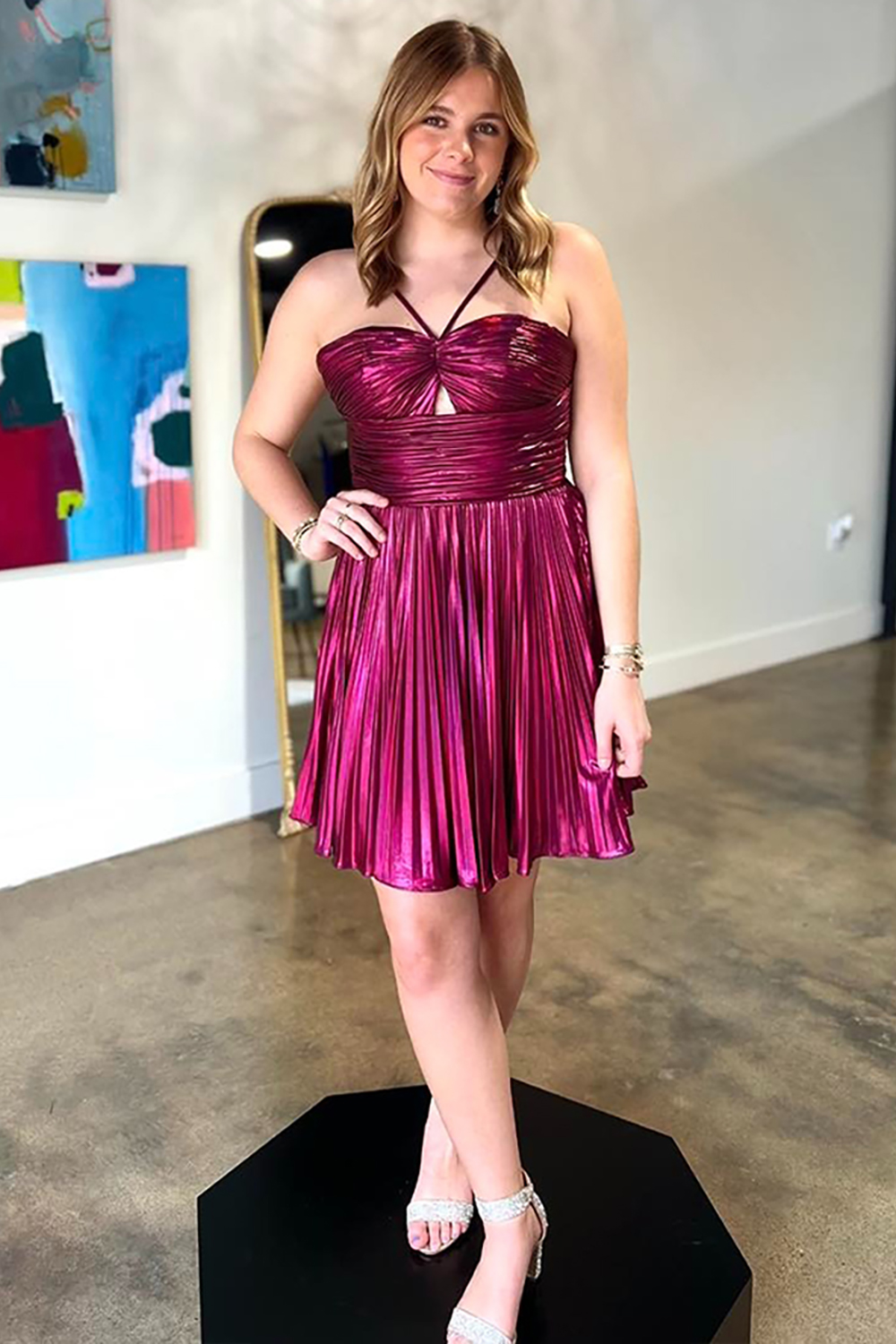 Metallic Silver Halter Pleated A Line Short Homecoming Dress