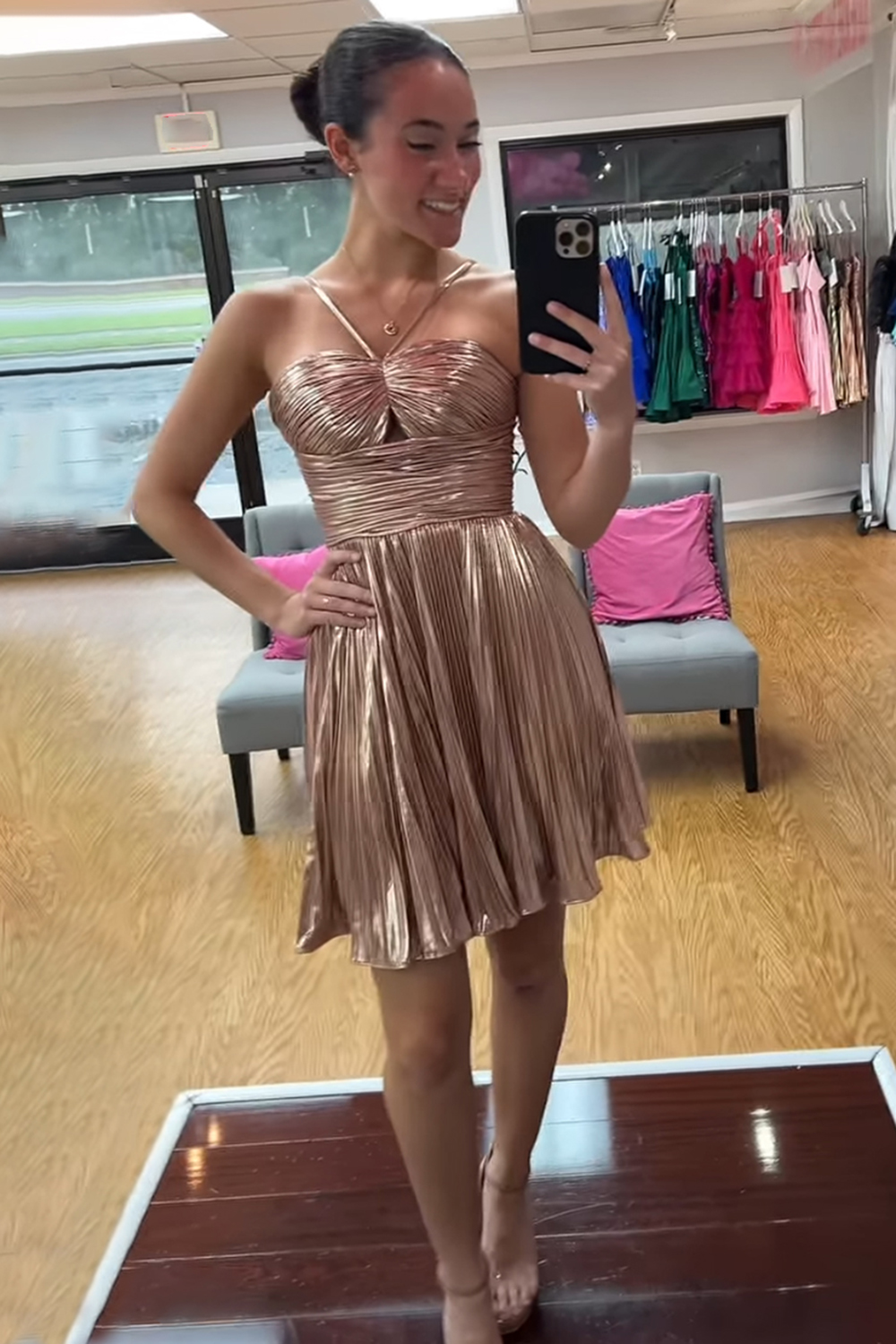 Metallic Silver Halter Pleated A Line Short Homecoming Dress