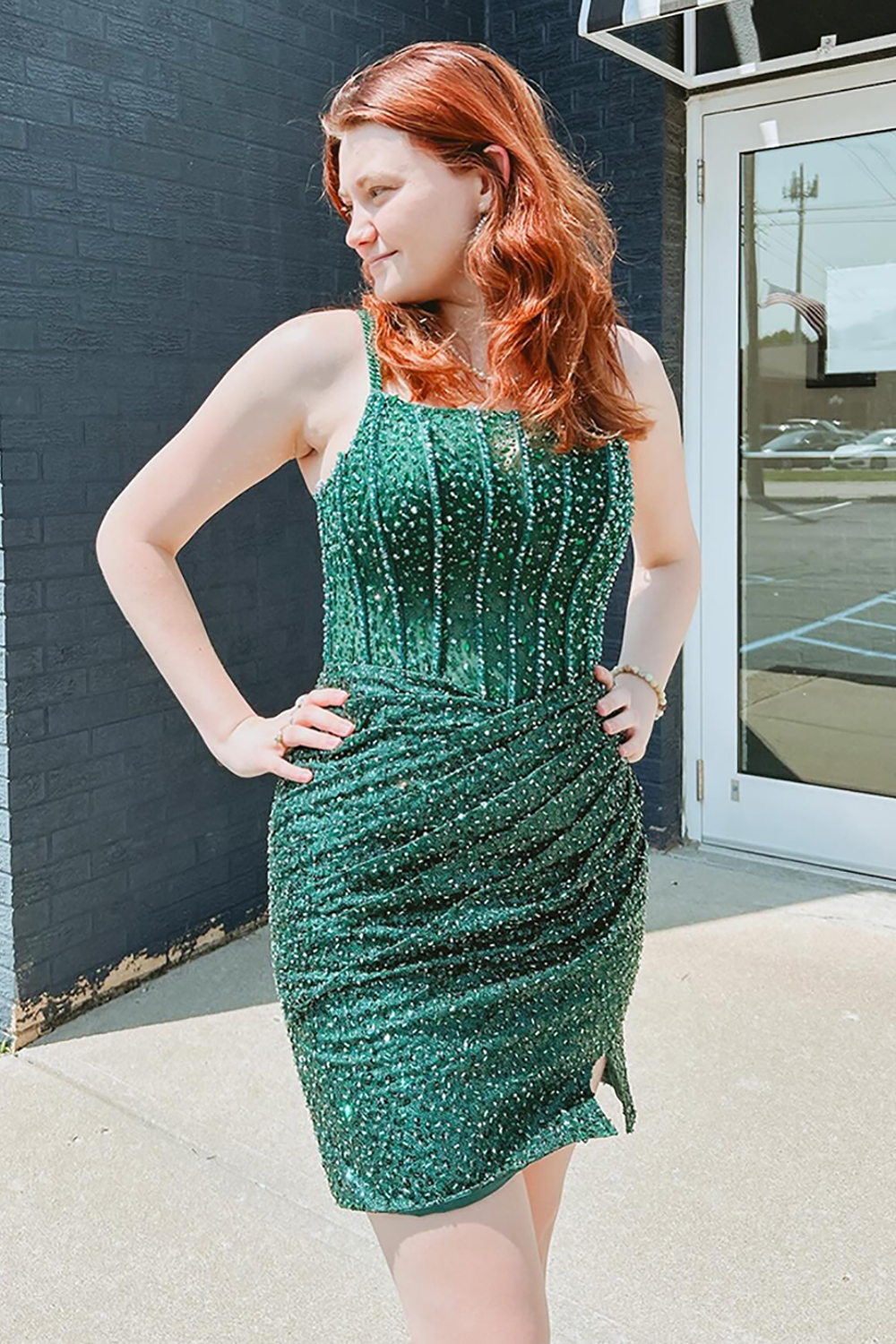 Sparkly Emerald Green Corset Sequins Tight Short Homecoming Dress
