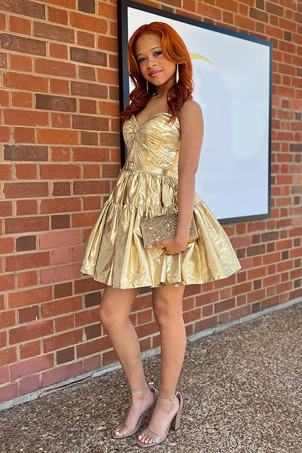 Sparkly Gold Metallic A Line Short Homecoming Dress with Belt