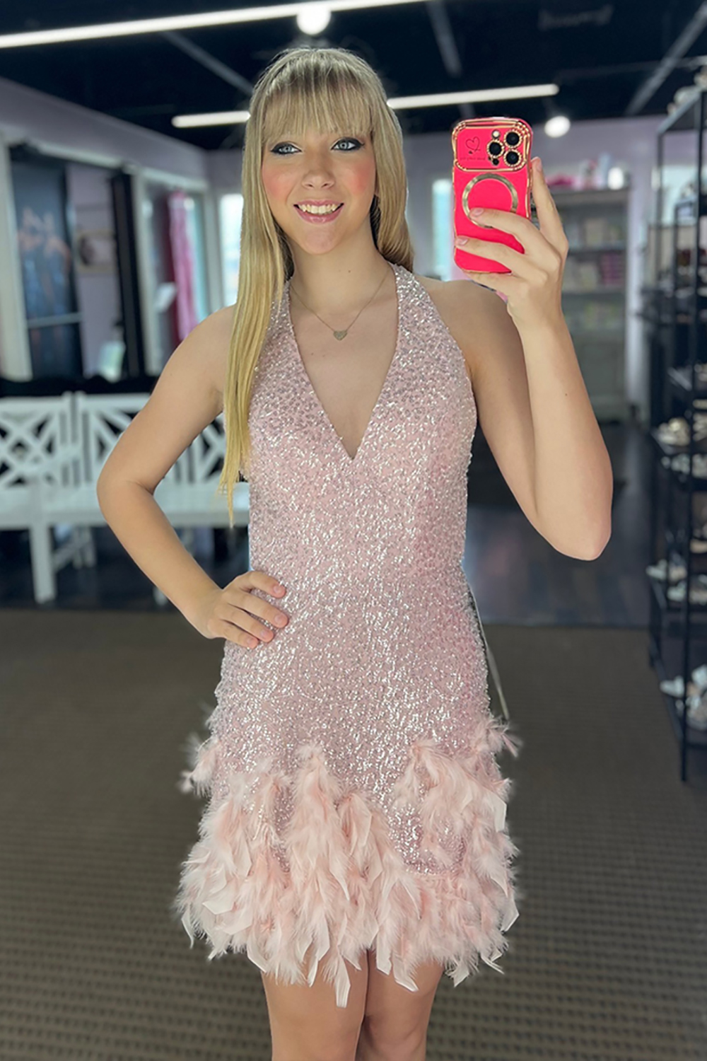 Sparkly Pink Tight Sequins Short Homecoming Dress with Feather