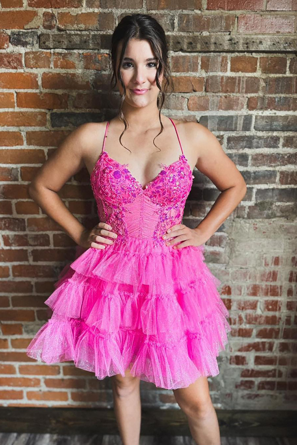 Sparkly Fuchsia Tulle Ruffled Homecoming Dress with Beading