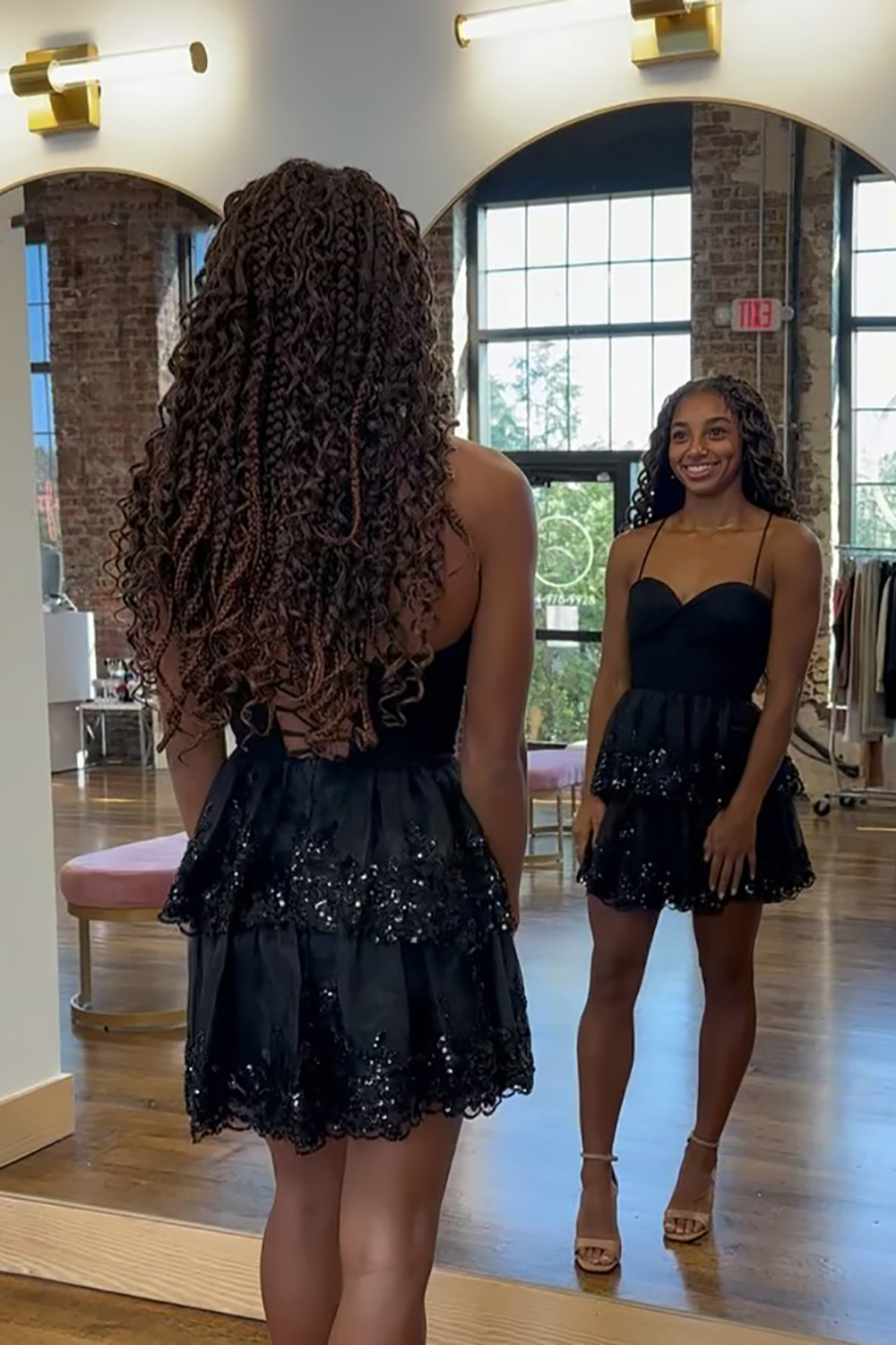 Sparkly Black Ruffled A Line Short Corset Homecoming Dress with Beading