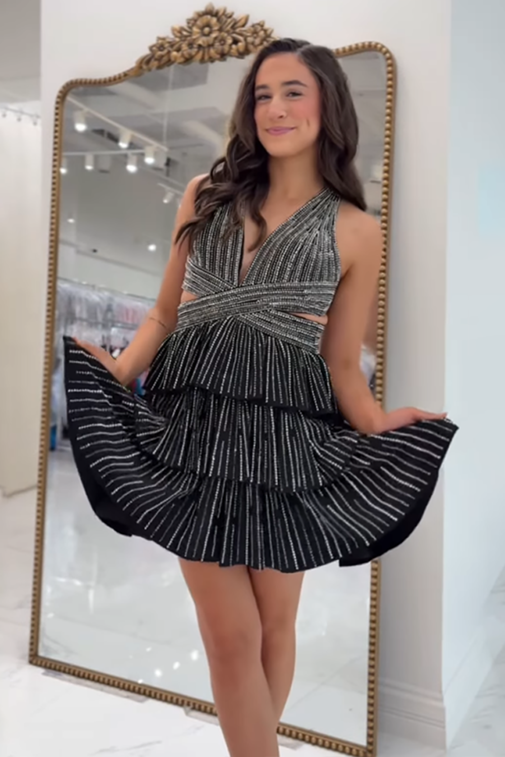 Hellymoon Women Sparkly Black A Line Short Beaded Cocktail Dress with Ruffles Cut Out V Neck Halter Tiered Birthday Party Dress
