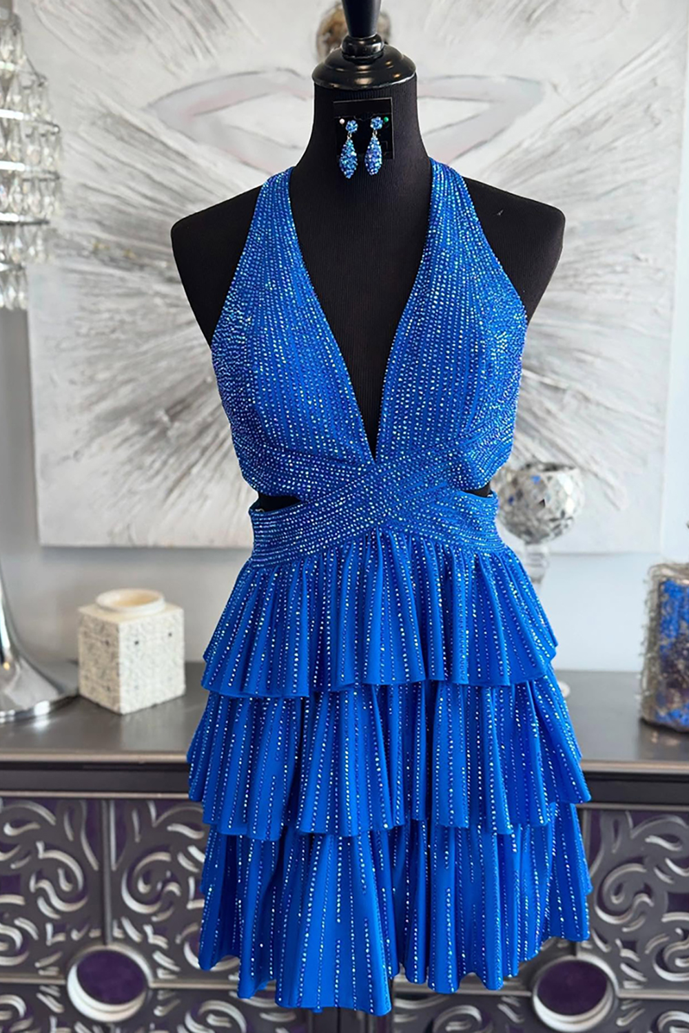 Hellymoon Women Sparkly Royal Blue A Line Short Beaded Homecoming Dress with Ruffles Cut Out V Neck Halter Tiered Birthday Party Dress