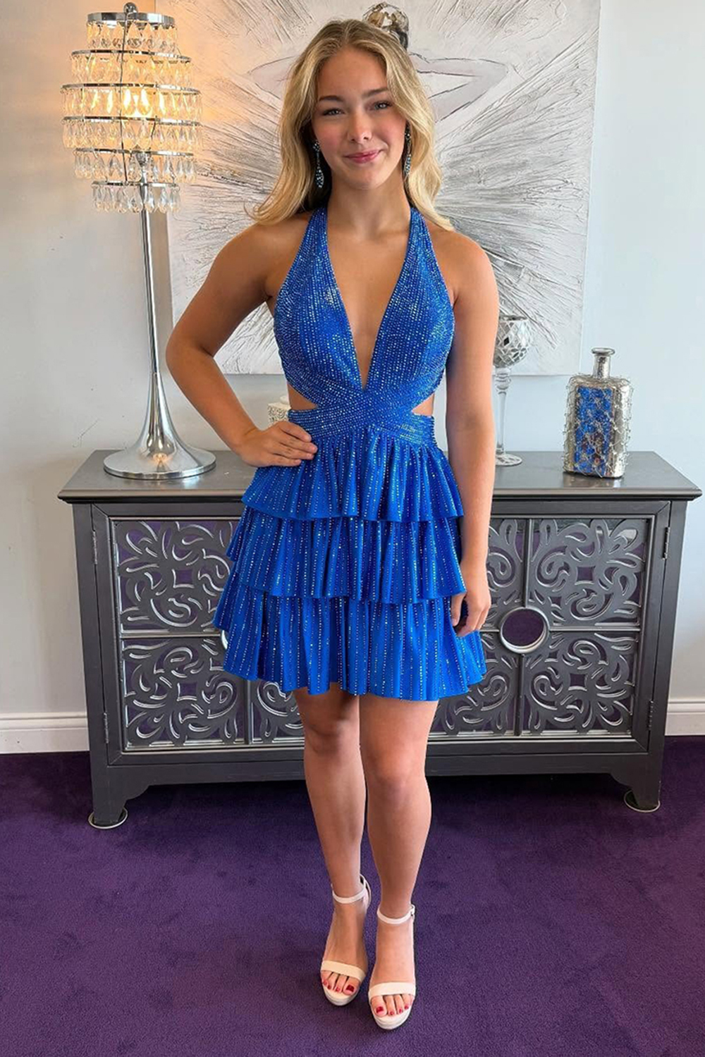 Sparkly Black A Line Tiered Halter Short Beaded Homecoming Dress with Ruffles