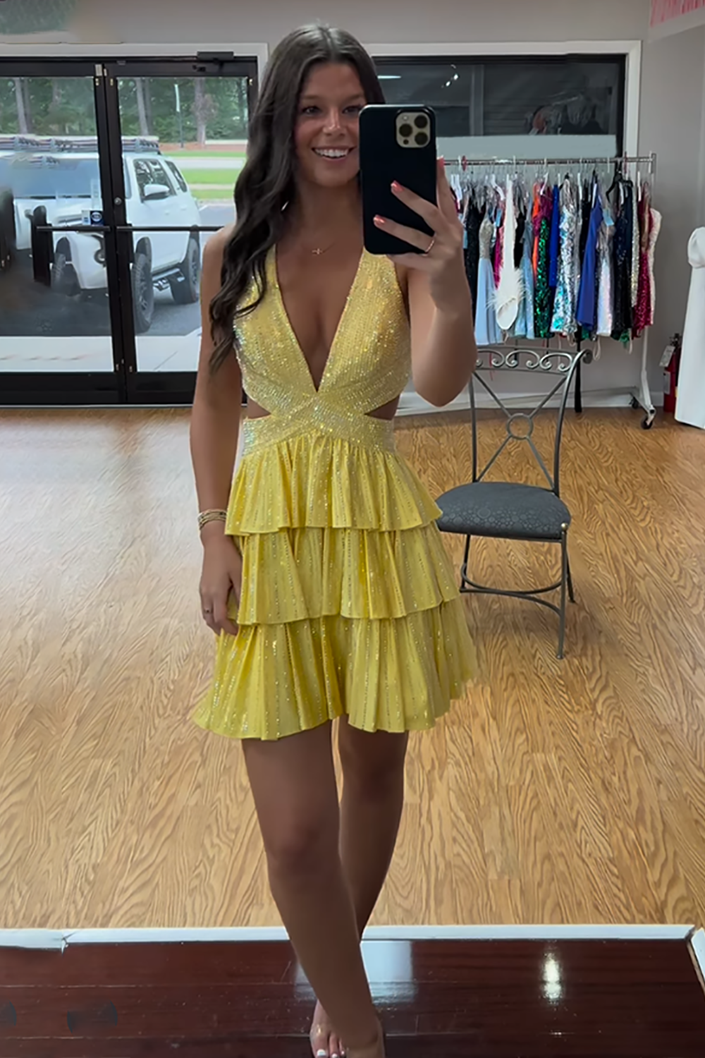 Sparkly Yellow A Line Beaded Short Homecoming Dress with Ruffles