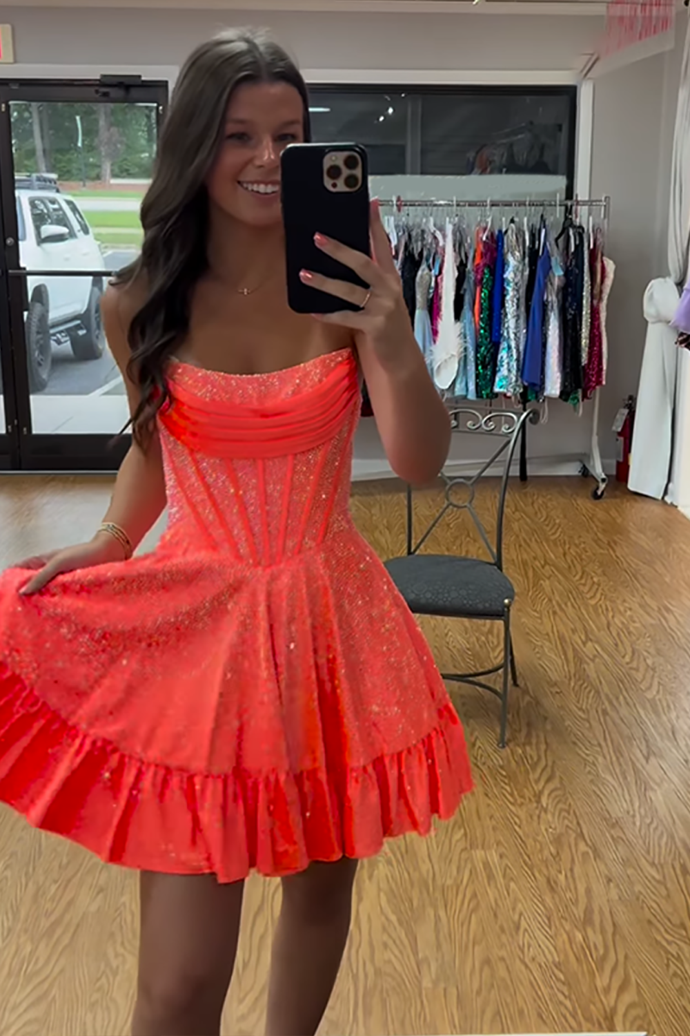 Sparkly Orange Sequins Strapless Short Corset Homecoming Dress