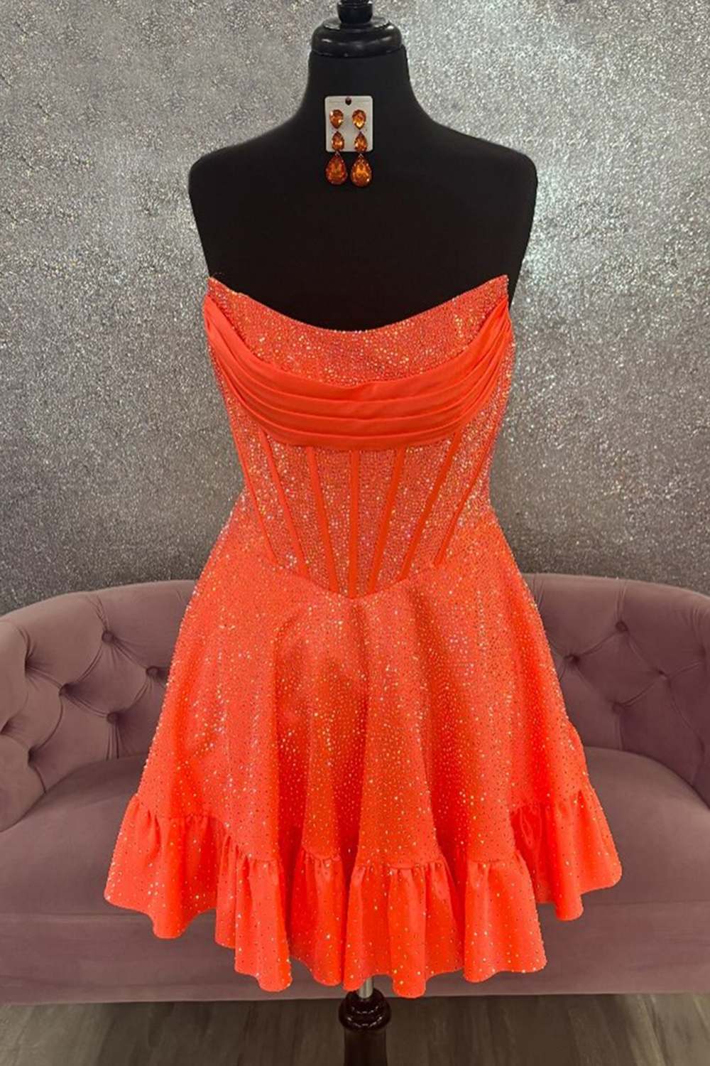 Sparkly Fuchsia Strapless Satin Beaded Short Corset Homecoming Dress