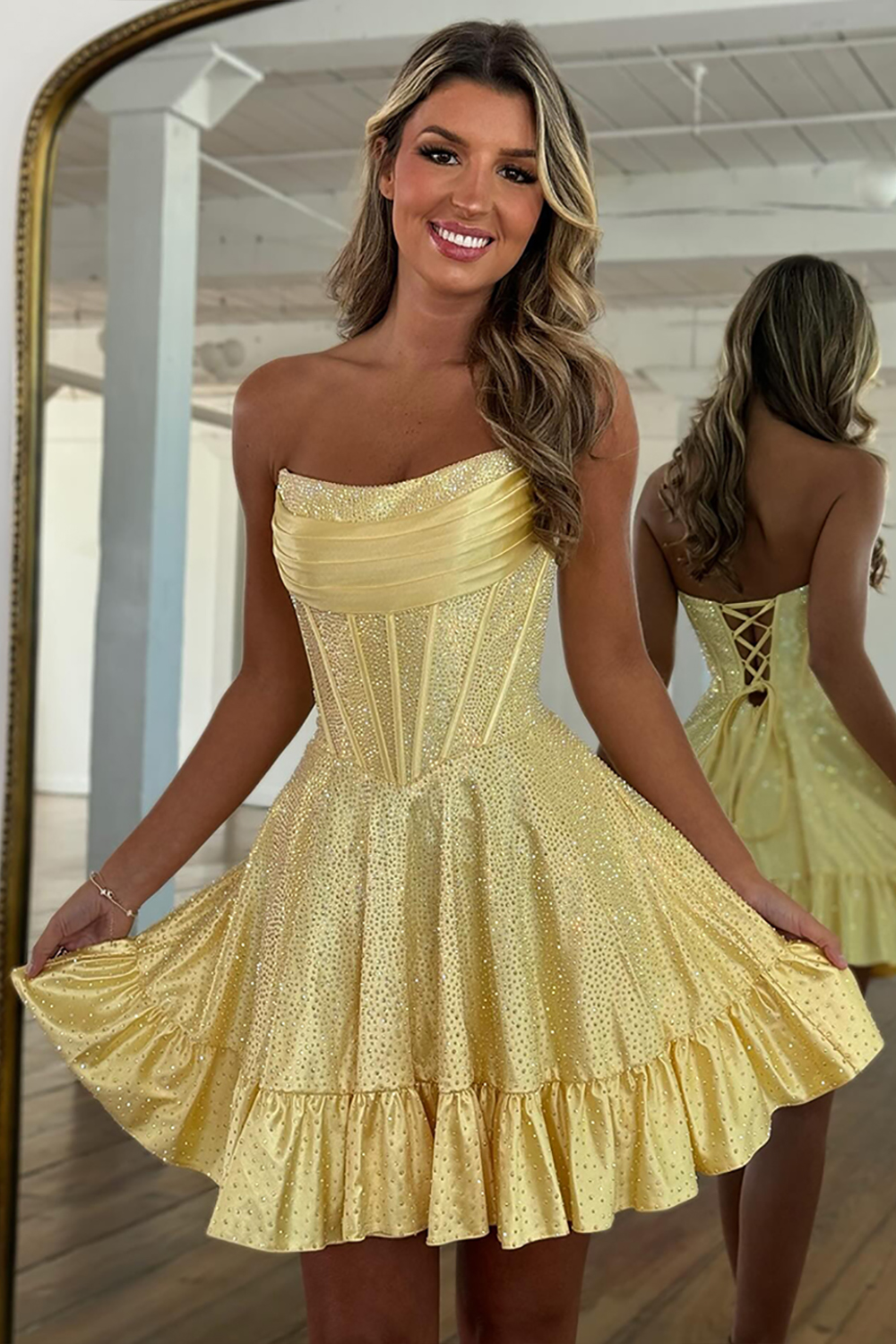 Hellymoon Women Sparkly Yellow Short Corset Homecoming Dress Strapless Tiered Beaded A Line Cocktail Dress
