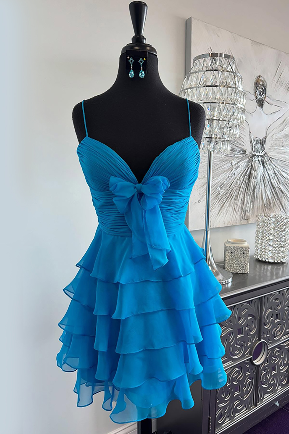 Blue A Line Tiered Ruffled Short Homecoming Dress with Bow