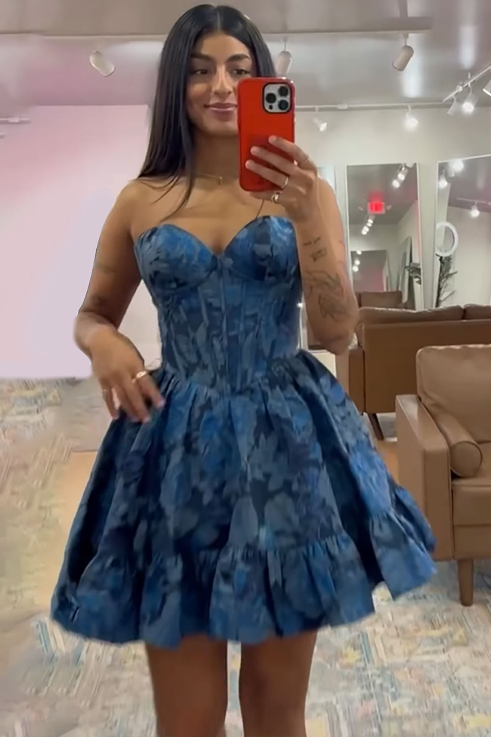 Floral Navy A Line Tube Top Short Corset Homecoming Dress with Ruffles