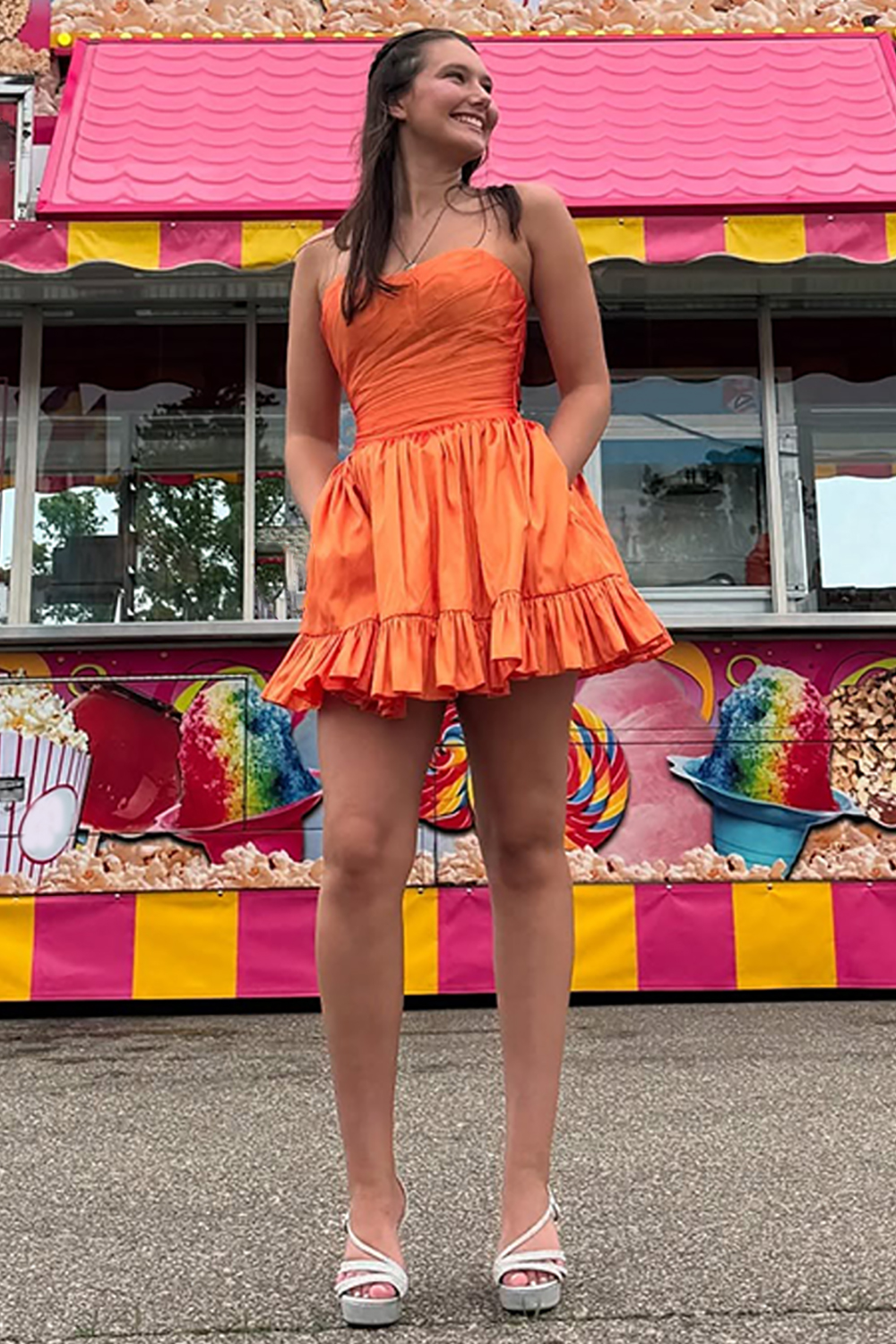 Orange A Line Strapless Ruffled Short Homecoming Dress with Pockets