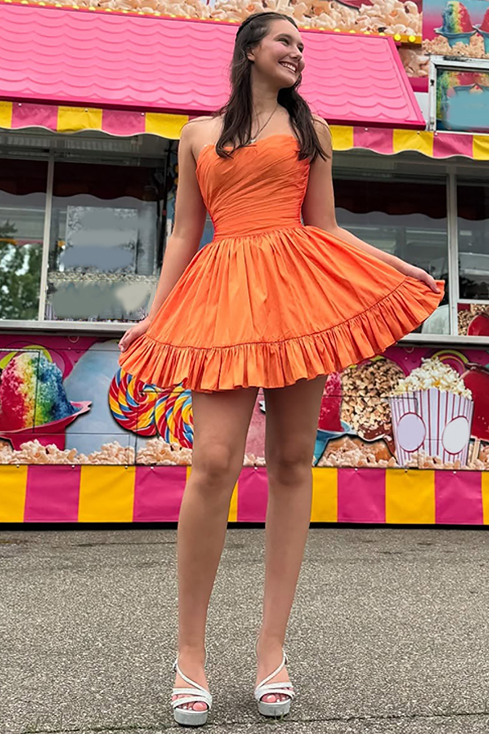 Orange A Line Strapless Ruffled Short Homecoming Dress with Pockets